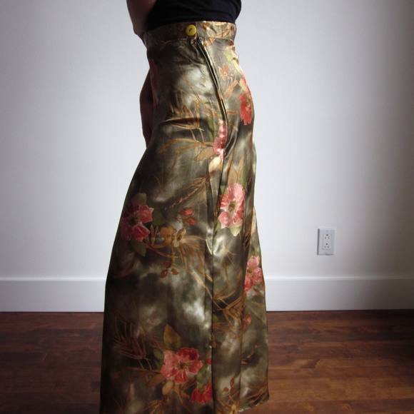 Satin Olive Green With Flowers Maxi Skirt - Picture 5 of 6